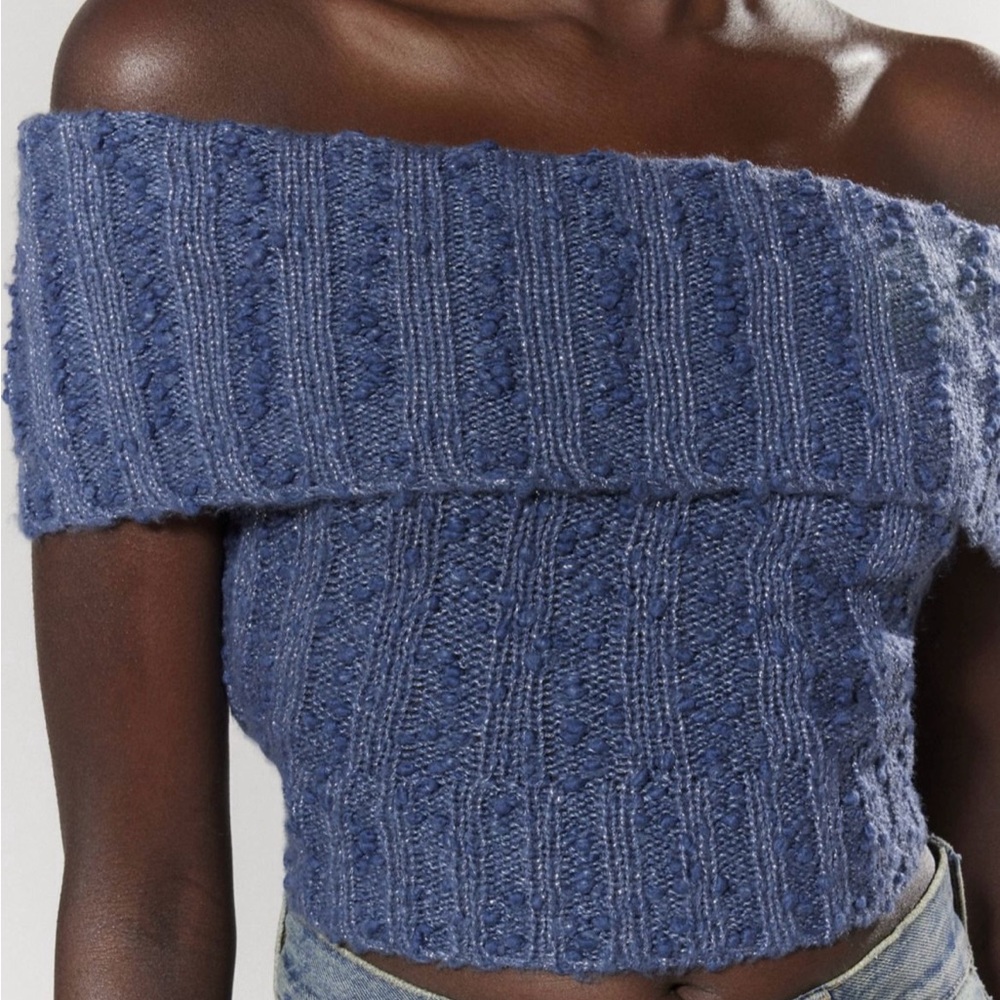 Off the shoulder blue sweater crop top